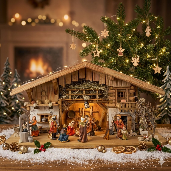 Festliche Weihnachtskrippe Aicha inkl. 15 tlg. Figurensatz ETA 2 - Maße Krippe ca. 69 x 29 x 34 cm